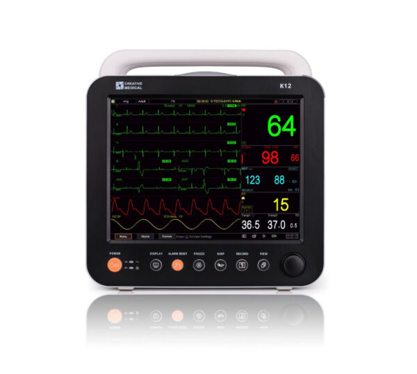Overview The Creative K-12 is a multi-parameter bedside monitor. It features a 12.1-inch high-resolution touchscreen that provides a clear data display. This patient monitor is very versatile and can be used for monitoring of general ward, operating room, ICU, etc. Features - 12.1" high-resolution display Touch screen - Customized NIBP 5 phase cycle setting - Medication/Oxygenation/ventilation/Renal function calculation - Data export and software upgrade for patient monitor testing via USB - Versatile clinical calculations for application convenience - HL7 protocol, Bed to bed view and 5-lead ECG available Specifications Power supply AC 100V-240V, 50/60Hz, 60VA Built-in lithium battery 11.1V/4400mAh Display 12.1-inch TFT display Alarming method 3 levels audible-visible alarm Networking Ethernet Standard configuration ECG, Respiration, SpO2, PR, NIBP, Temperature Option Touch Screen, 2-IBP, EtCO2, Nellcor SpO2, SunTech NIBP, 12-lead ECG, Cerebral State Monitoring, Central Monitor Station